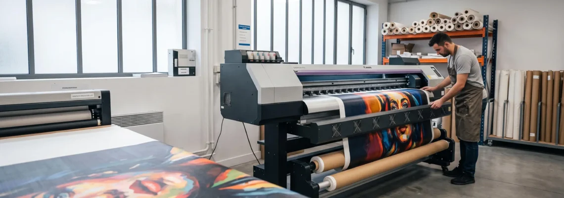 Atelier d'impression grand format à Paris avec imprimante professionnelle en train d'imprimer une toile artistique de 120x160 cm, technicien inspectant la qualité, rouleaux de toile visibles