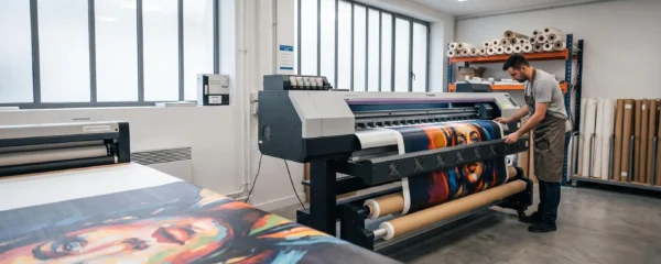 Atelier d'impression grand format à Paris avec imprimante professionnelle en train d'imprimer une toile artistique de 120x160 cm, technicien inspectant la qualité, rouleaux de toile visibles