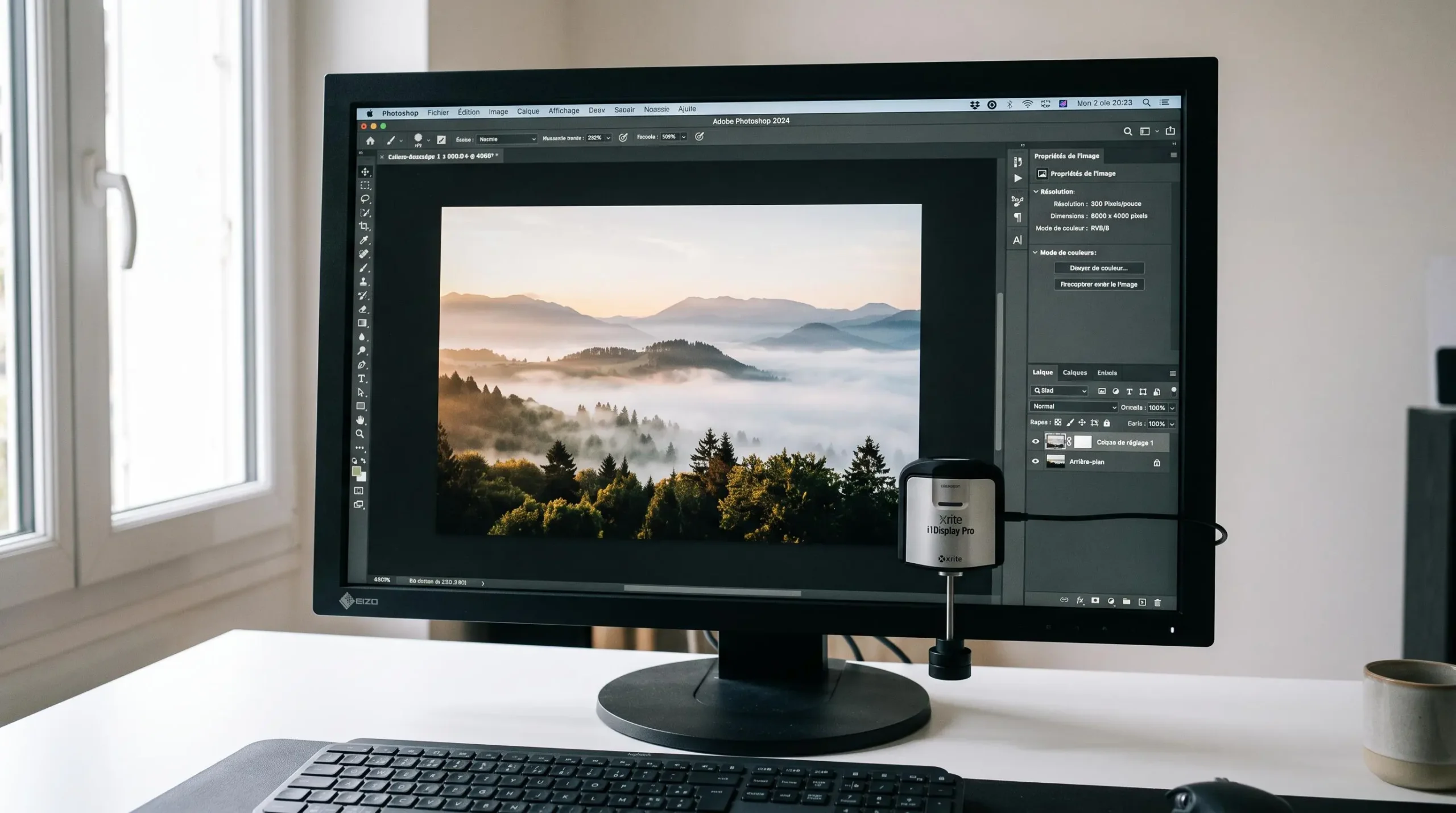 Écran professionnel calibré affichant Adobe Photoshop avec fichier haute résolution à 300 DPI, sonde colorimétrique positionnée pour calibration, préparation fichier impression grand format