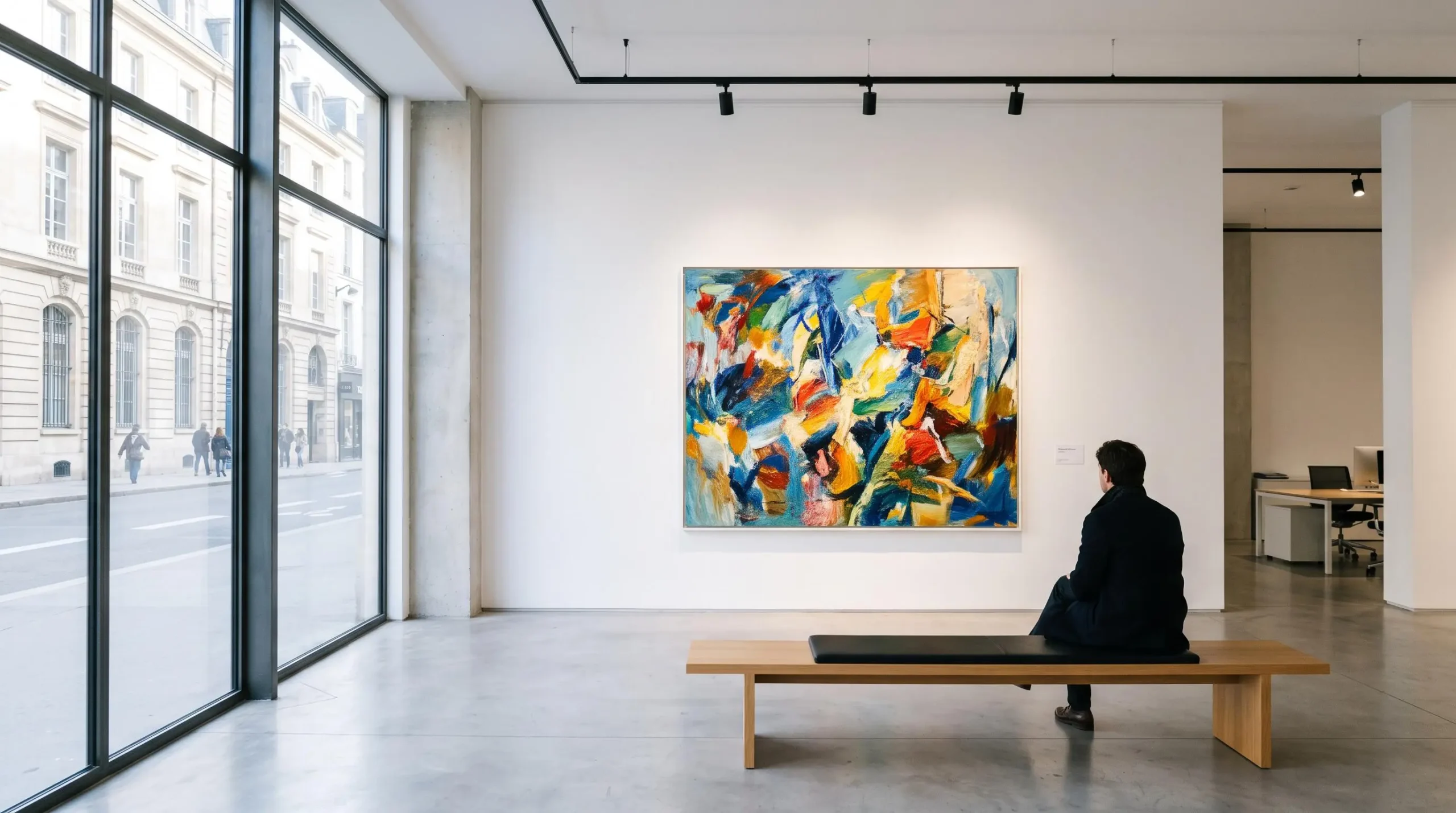 Galerie d'art contemporaine parisienne avec toile artistique grand format 120x160 cm montée sur mur blanc, éclairage professionnel, sol béton ciré, espace minimaliste