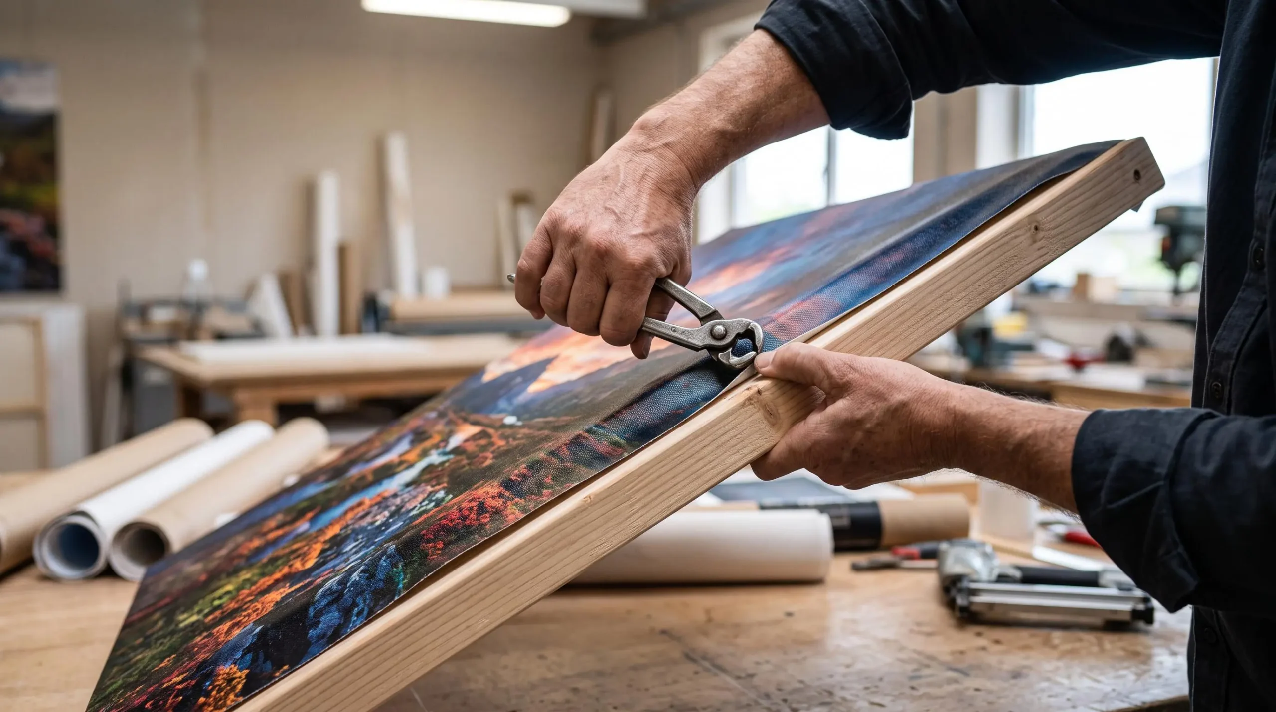 Mains d'artisan tendant une toile grand format imprimée sur châssis bois de 4 cm d'épaisseur, utilisation de pince à toile, atelier de finition professionnel